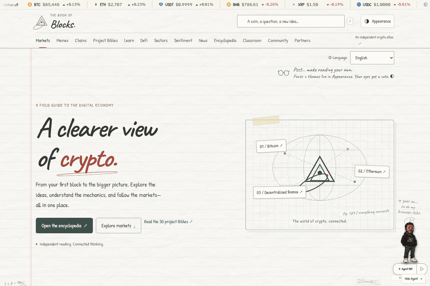 The Book of Blocks homepage, bringing its crypto reading library and market observatory into one editorial interface