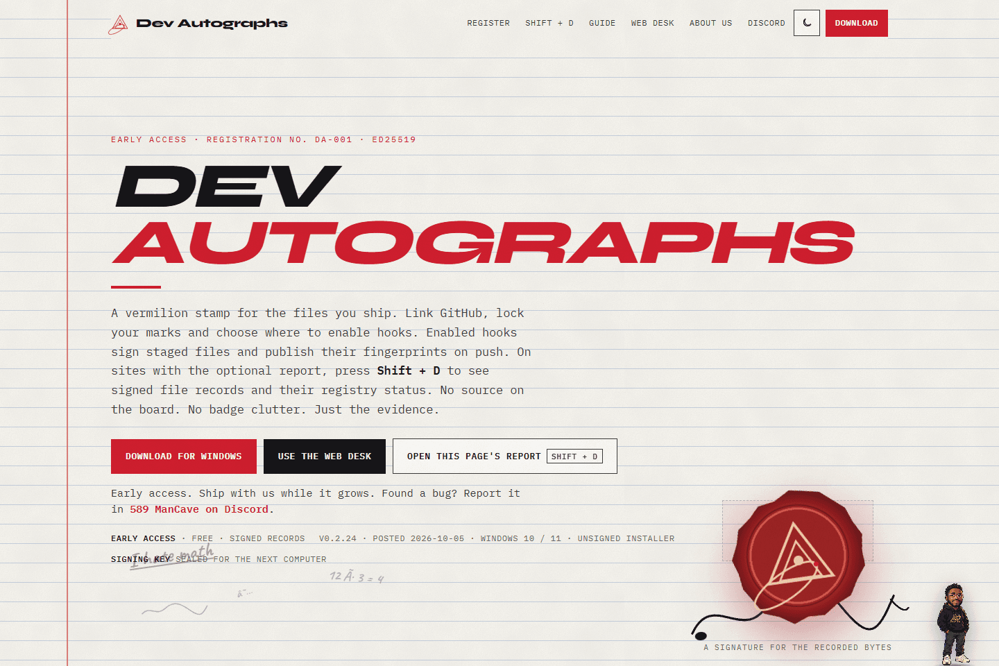 Dev Autographs homepage with its vermilion stamp, paper texture, and links to the Windows app and web desk