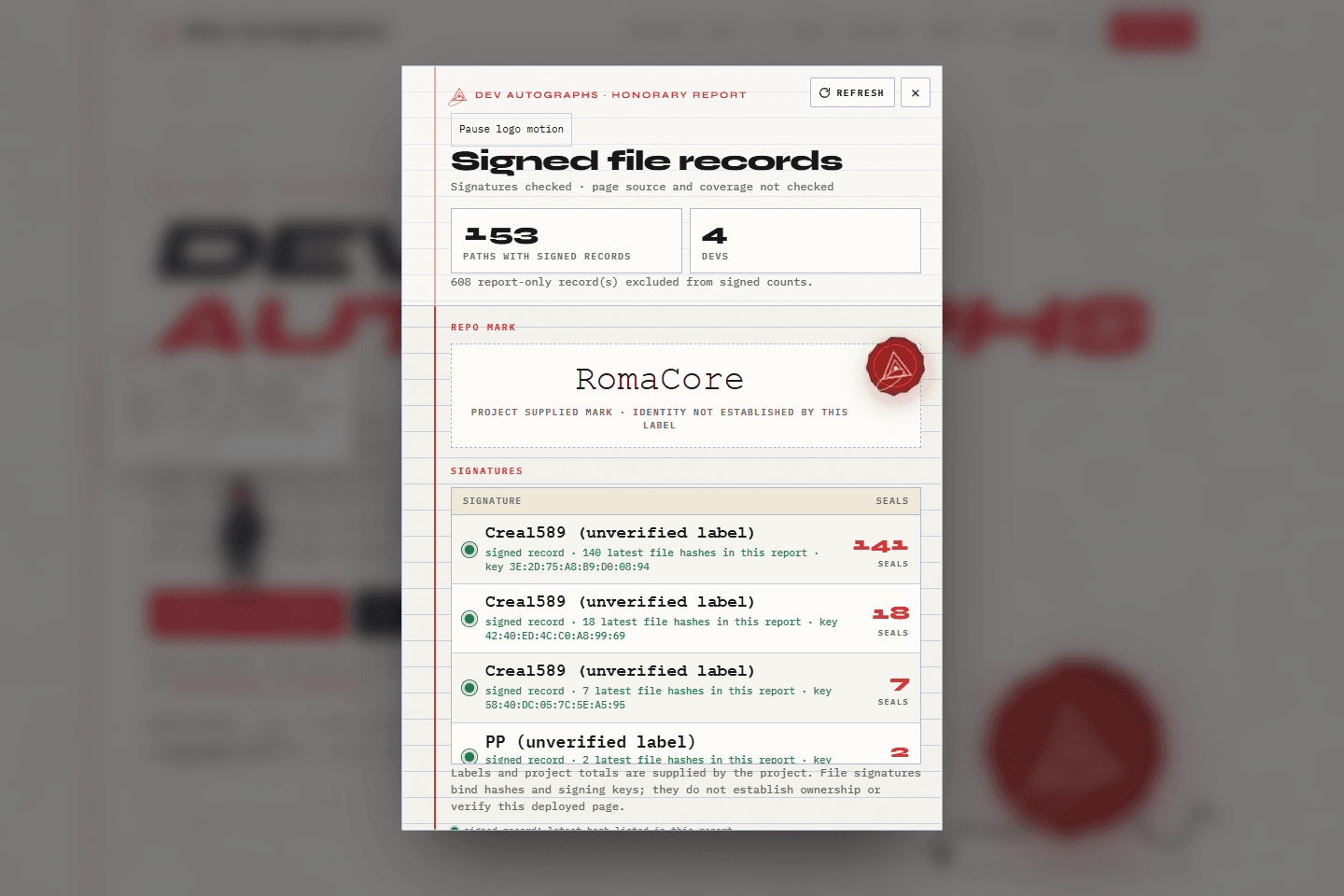 The live Dev Autographs report showing signed file records, the repository mark, and signer entries