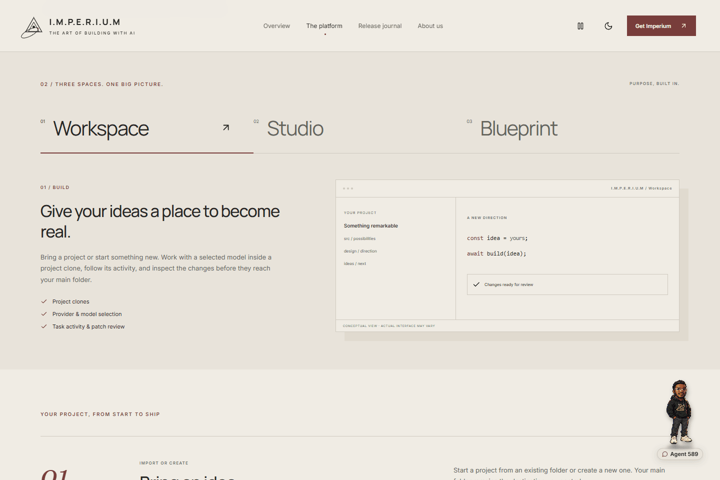 The Imperium platform website explaining Workspace through a conceptual project view